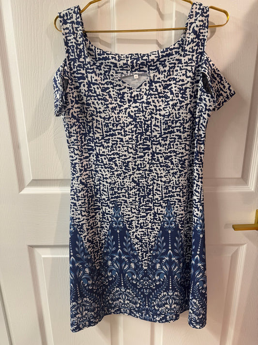 Off shoulder, blue and white sundress