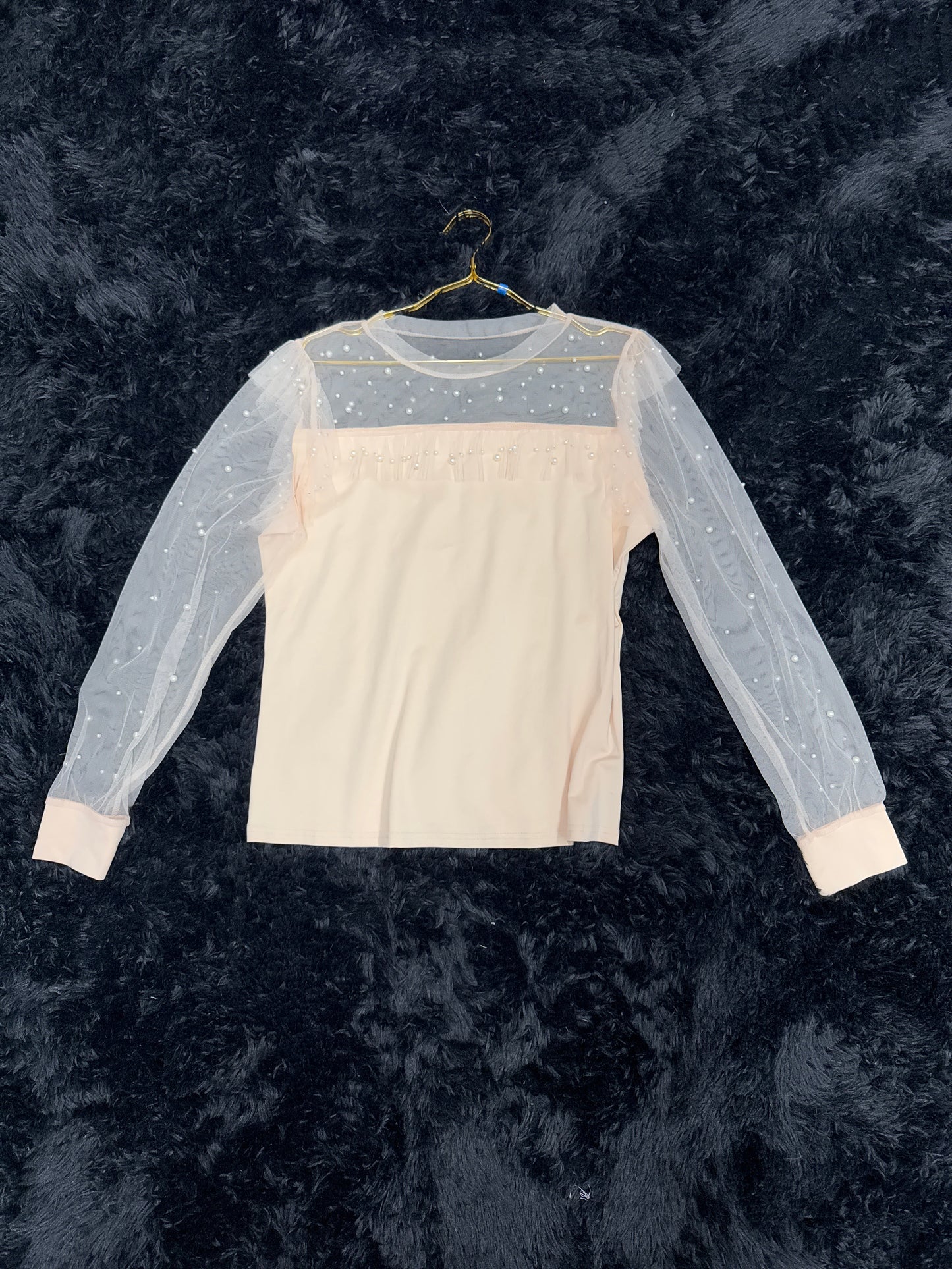 Peach, long sleeve, sheer pearl top