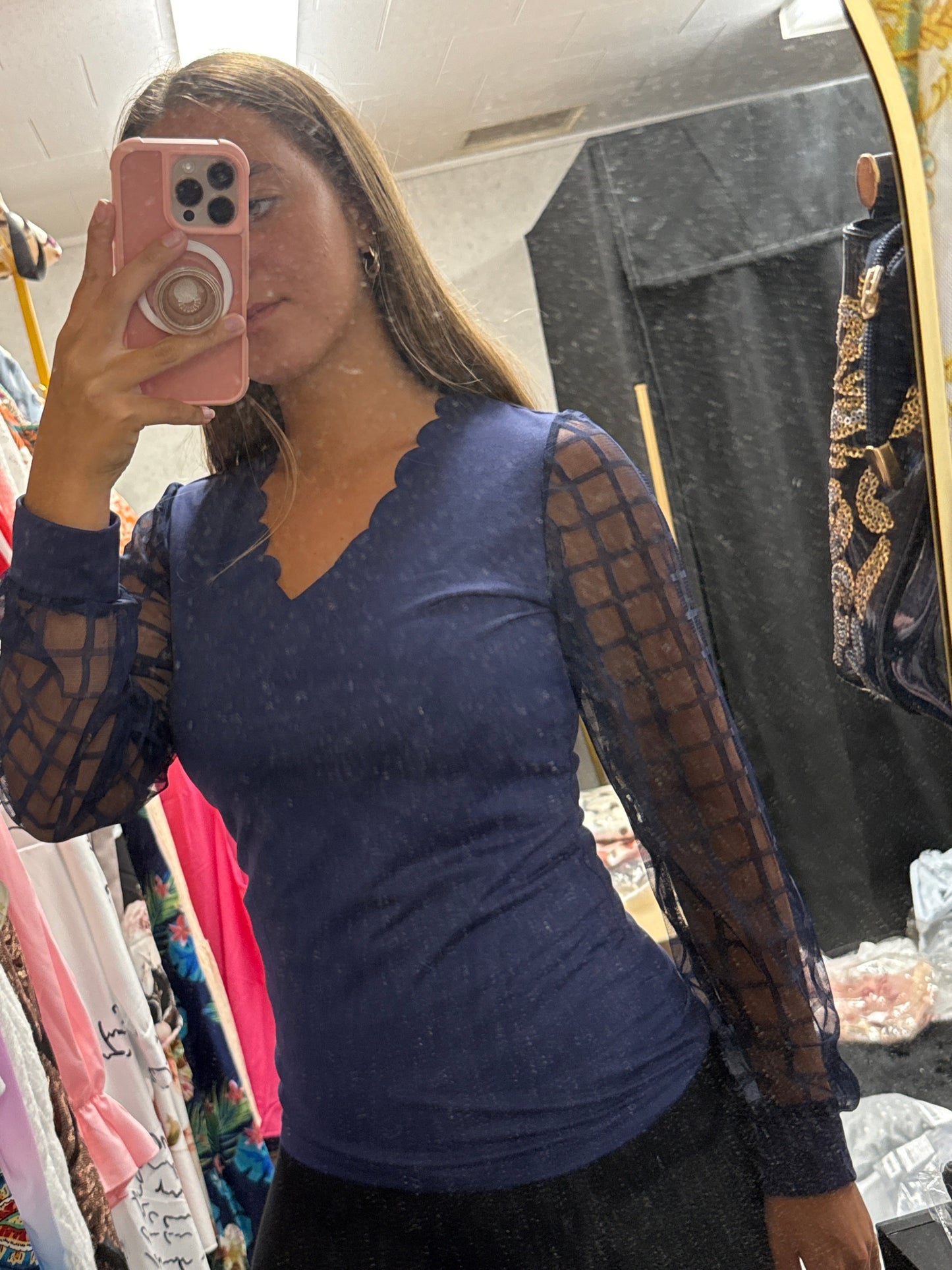 Blue sheer, long sleeve shirt ￼