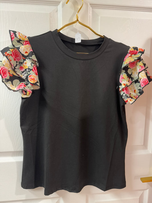 Black flowered, ruffled sleeves shirt