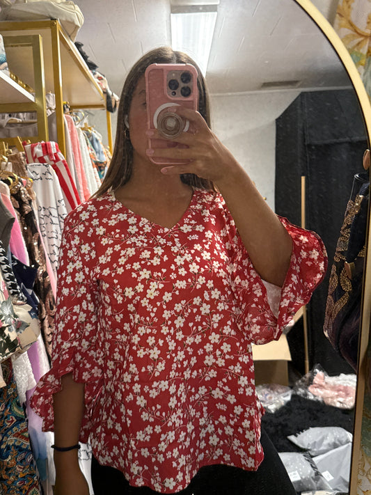 Red flower blouse with 3/4 sleeves ￼