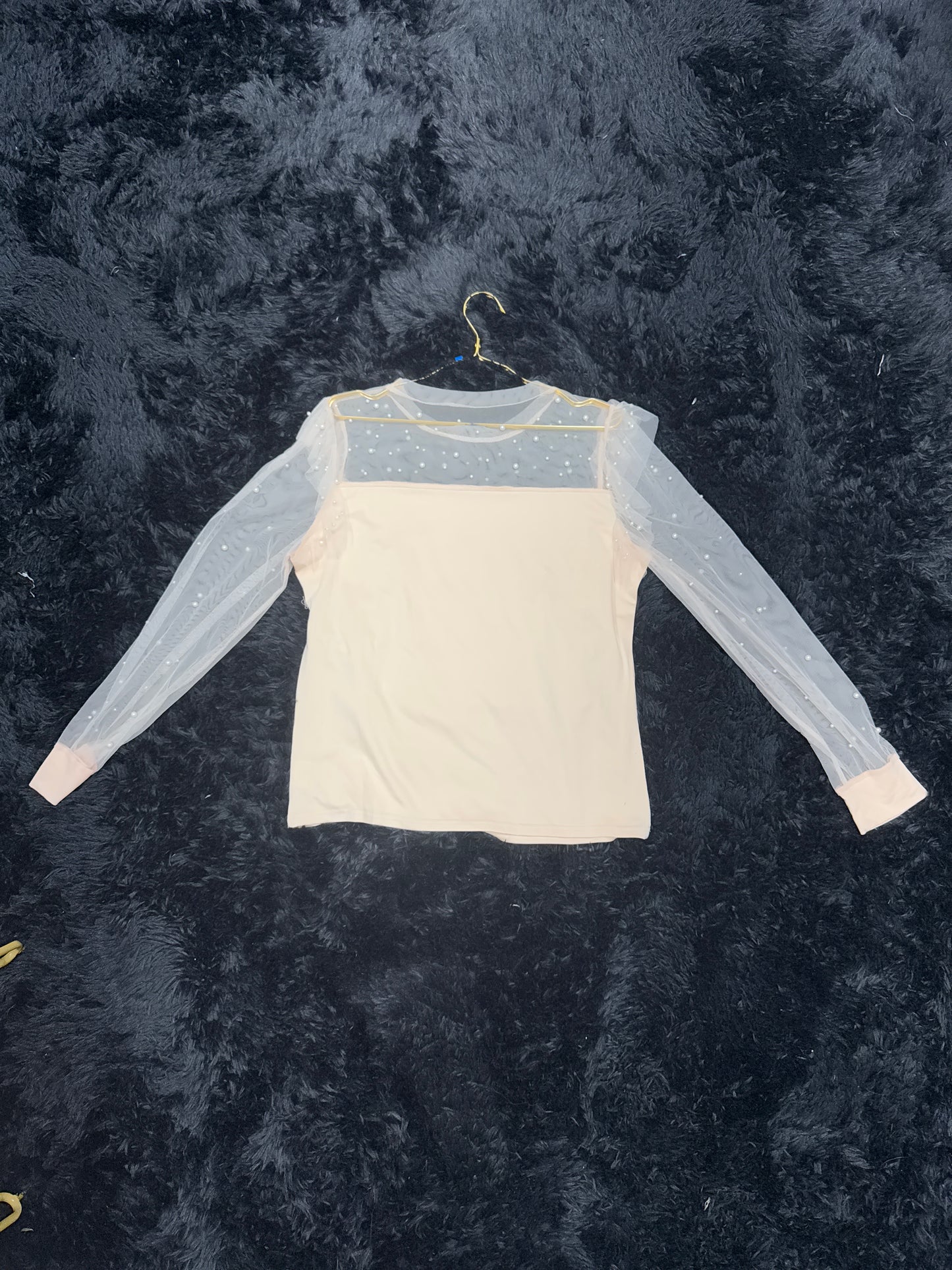 Peach, long sleeve sheer shirt with pearls
