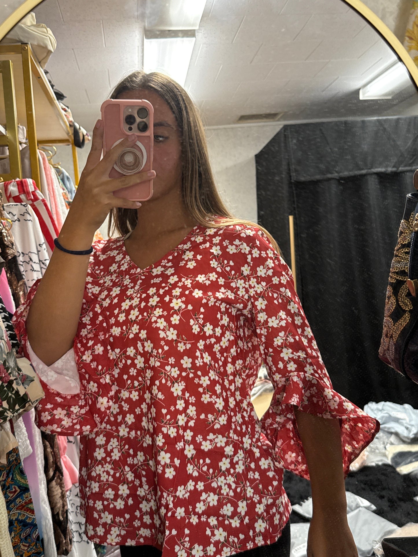 Red flower blouse with 3/4 sleeves ￼